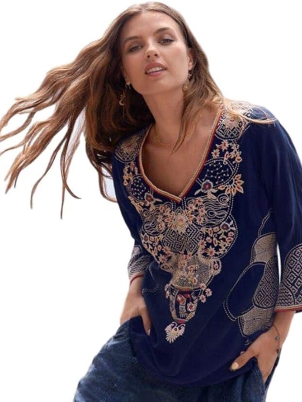 Johnny Was boho embroidered v-neck rayon tunic size M navy blue tan red floral